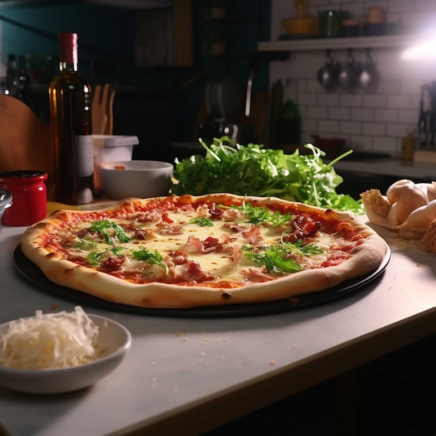 Masa de pizza cruda en la mesa de la cocina en casa concepto de comida de cocina