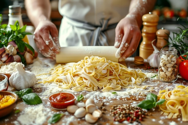 Foto la masa rodante del chef rodeada de ingredientes para la pasta casera fresca en un entorno de cocina rústica