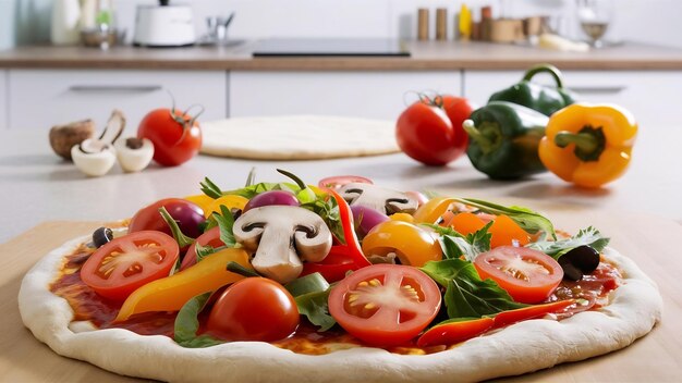 Foto la masa y las verduras para la pizza con espacio para copiar