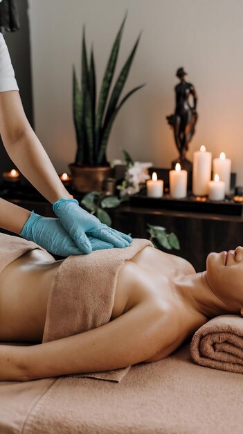 Masaje de manos y mujer en el complejo para relajar el rostro y el tratamiento para el cliente en la cama