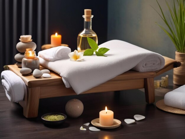 Masaje de spa Mesa de madera con velas piedras de aceite toallas estilo de vida de fondo