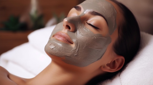 Masaje spa para mujer joven con máscara facial en la cara en el interior