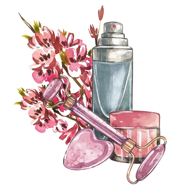 Masajeador gua sha crema cuidado de la piel rama flores aisladas en blanco Ilustración dibujada a mano con acuarela Arte para el diseño