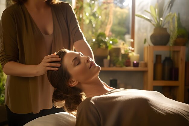 Masajista dando un masaje facial a una mujer