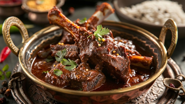 Foto masala de carneiro ou o deleite aromático de lamb rogan josh elegantemente servido em uma tigela