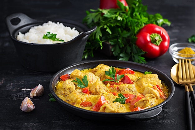Masala de frango com caril indiano tradicional. Caril de frango indiano com pimentão e arroz em uma tigela, especiarias, fundo escuro. Prato tradicional indiano.