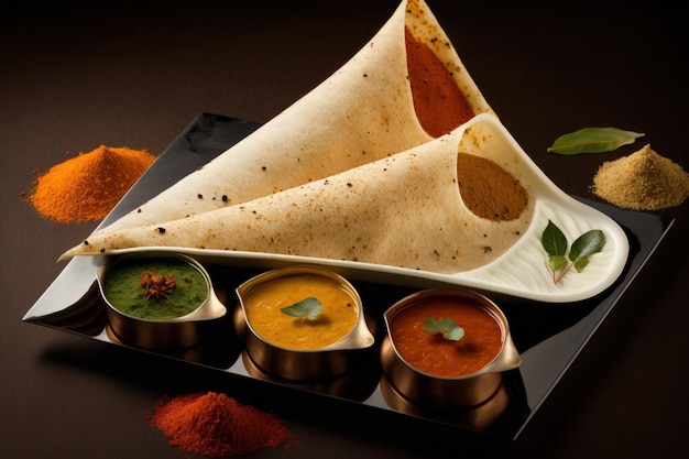 Masala Dosa aus Südindien mit Chutneys