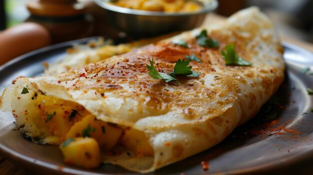 Un masala dosa un crepe del sur de la India lleno de relleno de patata picante