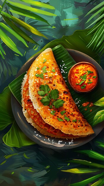 Masala Dosa mit Kokosnuss Chutney Südindische Tempeldekoration Illustration Essen Trinken Indische Geschmacksrichtungen