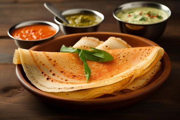 Foto el masala dosa de papel triangular es una comida del sur de la india servida con sambhar y variedad de coco