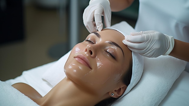 Masca de peeling facial tratamiento de belleza spa cuidado de la piel Mujer recibiendo cuidado facial por un esteticista en el spa