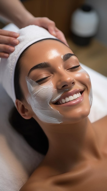 Masca de peeling facial tratamiento de belleza spa cuidado de la piel Mujer recibiendo cuidado facial por un esteticista en el spa