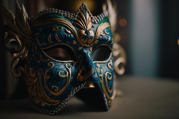 Una máscara azul y dorada con la palabra mascarada.