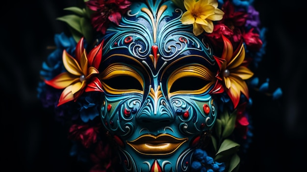 Máscara brilhantemente colorida com flores e folhas em um fundo preto generativo ai