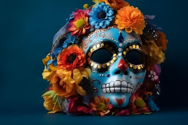 Máscara de calavera de azúcar del Día de Muertos con flores sobre fondo azul IA generativa