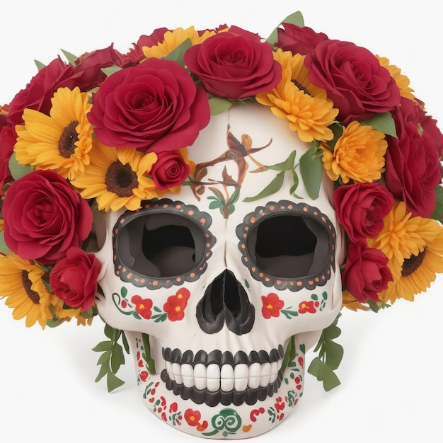 Máscara de calavera mexicana Katrina decorada con flores típicas del día de los muertos religio mexicano