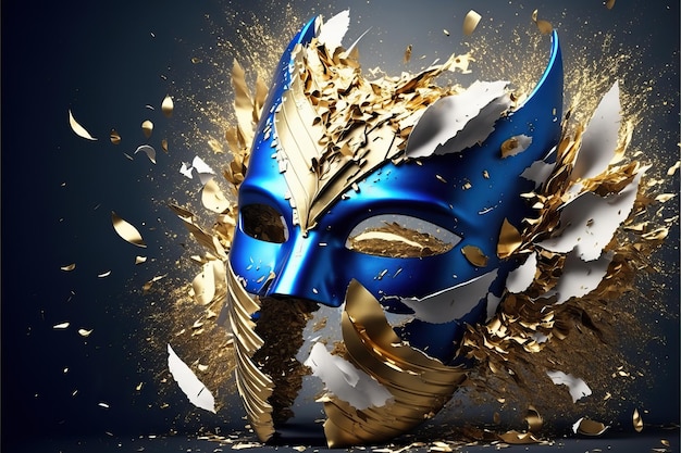 Máscara de carnaval azul y blanca con purpurina sobre un fondo de confeti dorado y serpentinas