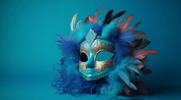 Máscara de carnaval brasileña colorida en un fondo azul creada con tecnología de IA generativa