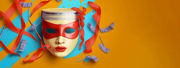 Foto máscara de carnaval brasileña realista sobre fondo amarillo