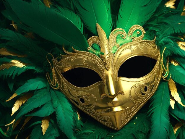 Máscara de carnaval dorada con plumas en fondo verde