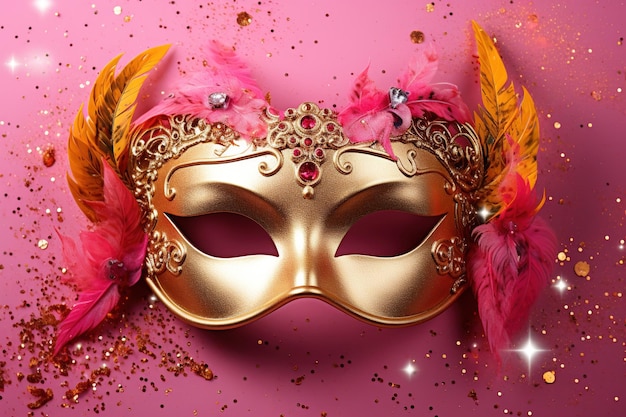 Máscara de carnaval dorada sobre un fondo rosado