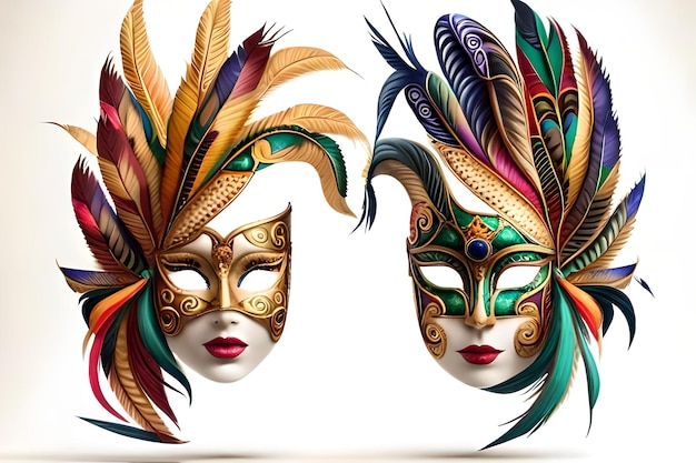 Máscara de carnaval de lujo realista con plumas coloridas fondo borroso abstracto polvo de oro y