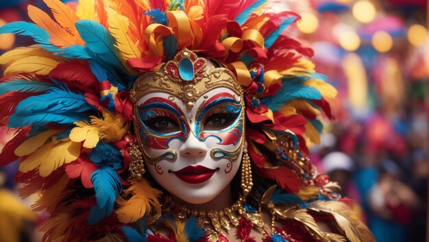 máscara de carnaval con plumas de colores brillantes con fondo con globos