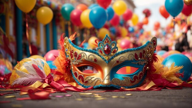 Foto máscara de carnaval con plumas de colores brillantes con fondo con globos