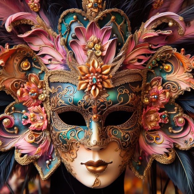 Máscara de carnaval veneciana adornada con detalles intrincados primer plano