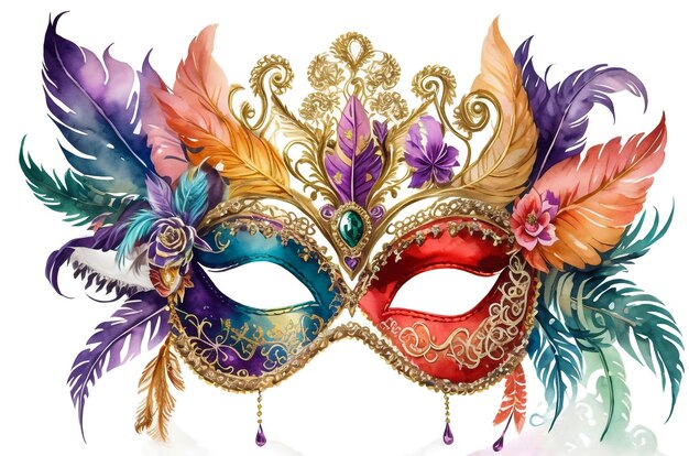 máscara de carnaval veneciana de oro con plumas sobre un fondo blanco