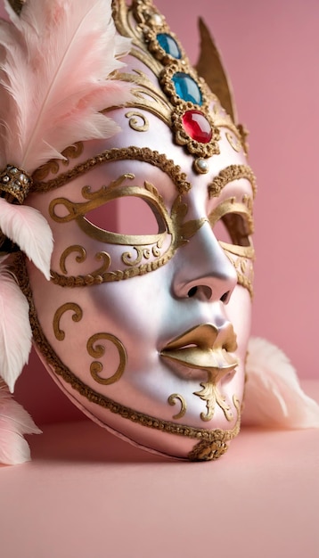 Máscara de carnaval veneciana con plumas en fondo rosa de cerca