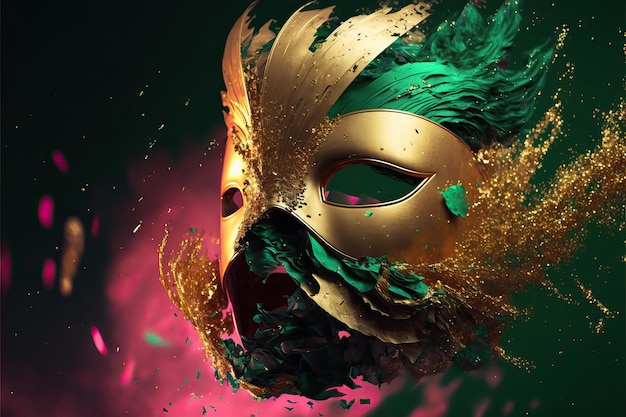 Máscara de carnaval verde y rosa con purpurina sobre un fondo de confeti dorado y serpentinas