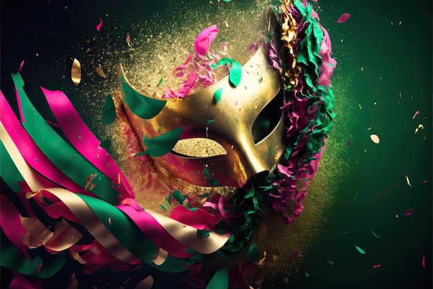Máscara de carnaval verde y rosa con purpurina sobre un fondo de confeti dorado y serpentinas