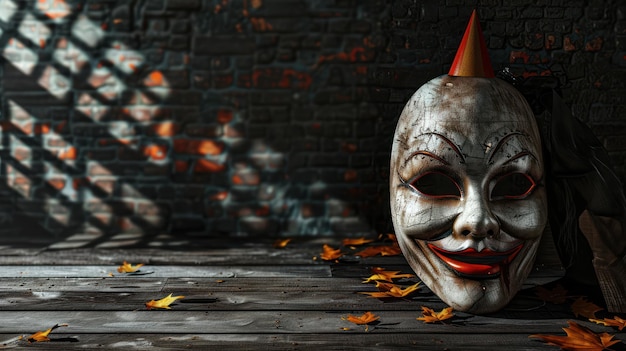 Una máscara de carnaval yace en una vieja mesa de madera contra el fondo de una pared de ladrillo