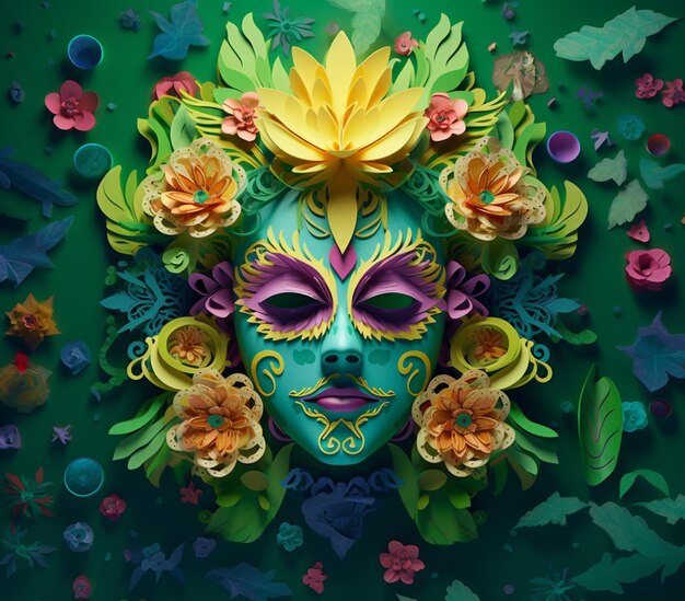 máscara de colores brillantes con flores y hojas en fondo verde