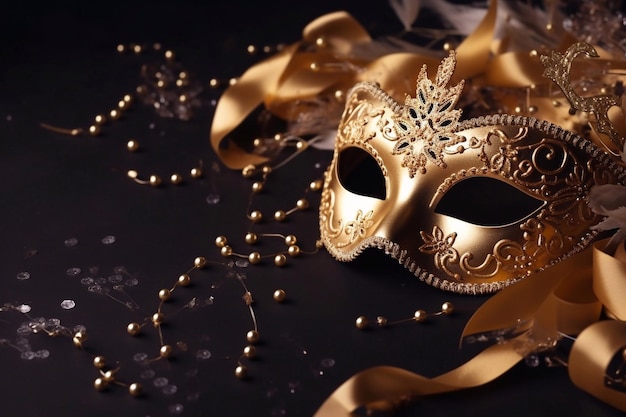 Máscara de bola veneziana dourada sobre fundo escuro com copyspace Festa de máscaras ou evento de férias cel