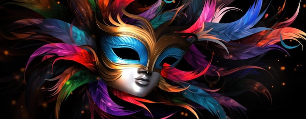 Foto máscara de carnaval abstrato fundo preto com penas