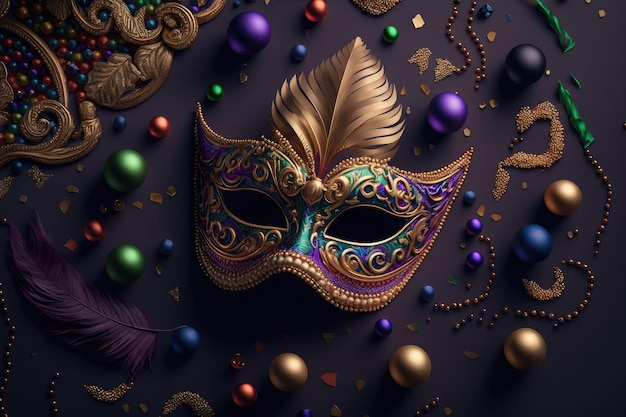 Máscara de carnaval com muito brilho de confete brilhante e penas Arte gerada por IA da rede neural