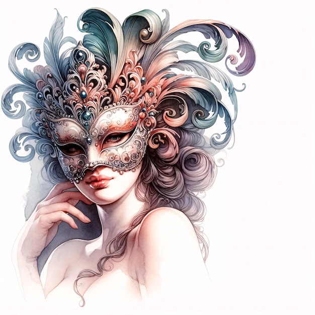 Máscara de carnaval com penas em fundo branco Ilustração a aquarela de máscara de carnaval