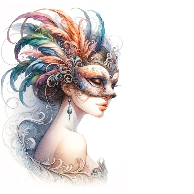 Máscara de carnaval com penas em fundo branco Ilustração a aquarela de máscara de carnaval