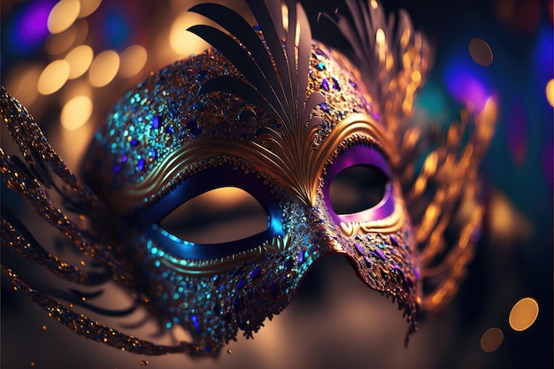 Máscara de carnaval de luxo realista com penas coloridas Fundo desfocado abstrato pó de ouro e efeitos de luz gerados por Ai