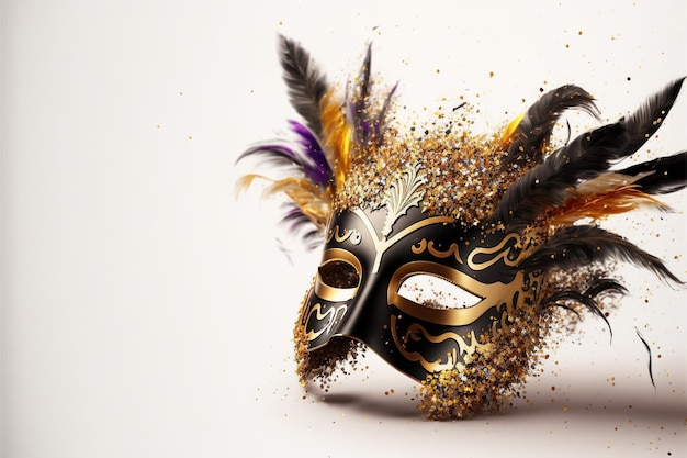 Máscara de carnaval de luxo realista com pó de ouro de penas e efeitos de luz gerados por Ai