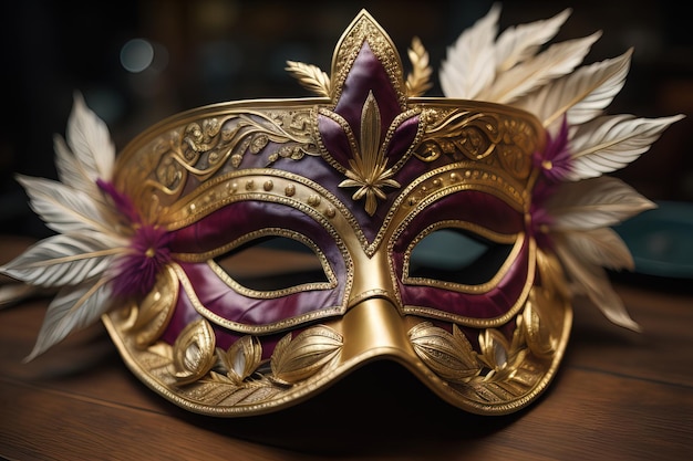 Máscara de carnaval veneziana com ornamento dourado em um fundo de cor sólida ai generativo