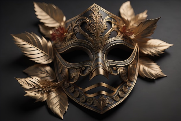Máscara de carnaval veneziana com ornamento dourado em um fundo de cor sólida ai generativo