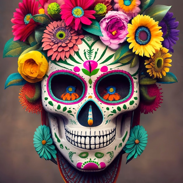 Máscara de caveira Katrina mexicana decorada com flores típicas do dia de los muertos religioso mexicano