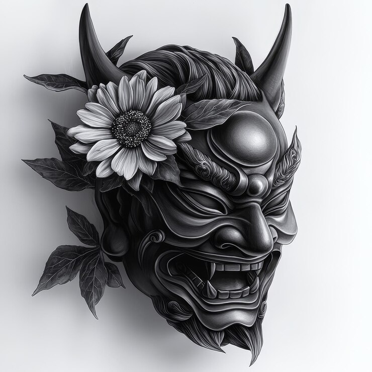 Foto máscara de demônio preta com flores em fundo branco ilustração 3d