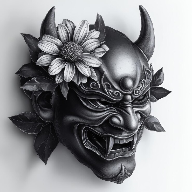 Foto máscara de leão com flores em fundo branco ilustração 3d