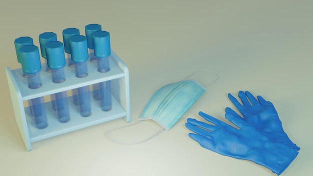 Máscara de luvas de amostras médicas e fundo de conceito de vidro de laboratório para criar um design