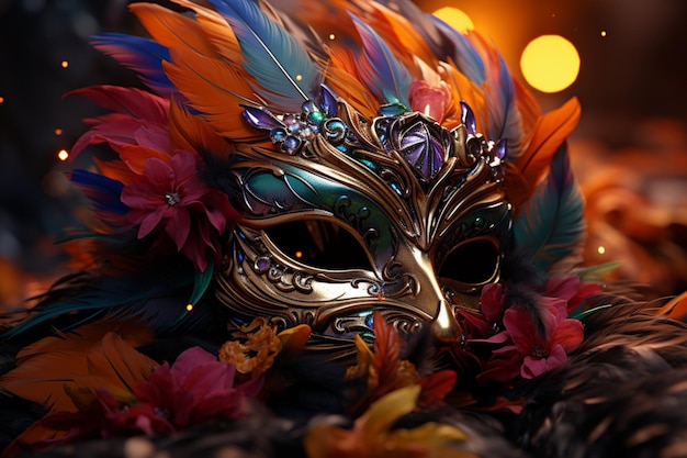 Máscara de Mardi Gras adornada com uma cascata de penas brilhantes e motivos de rede neural