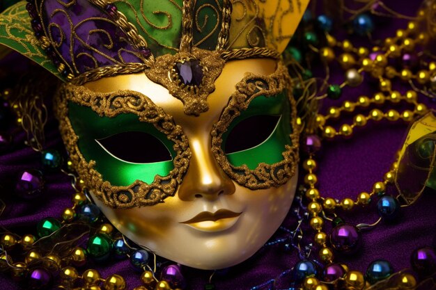 Máscara de Mardi Gras em close-up e contas verdes douradas roxas em fundo dourado